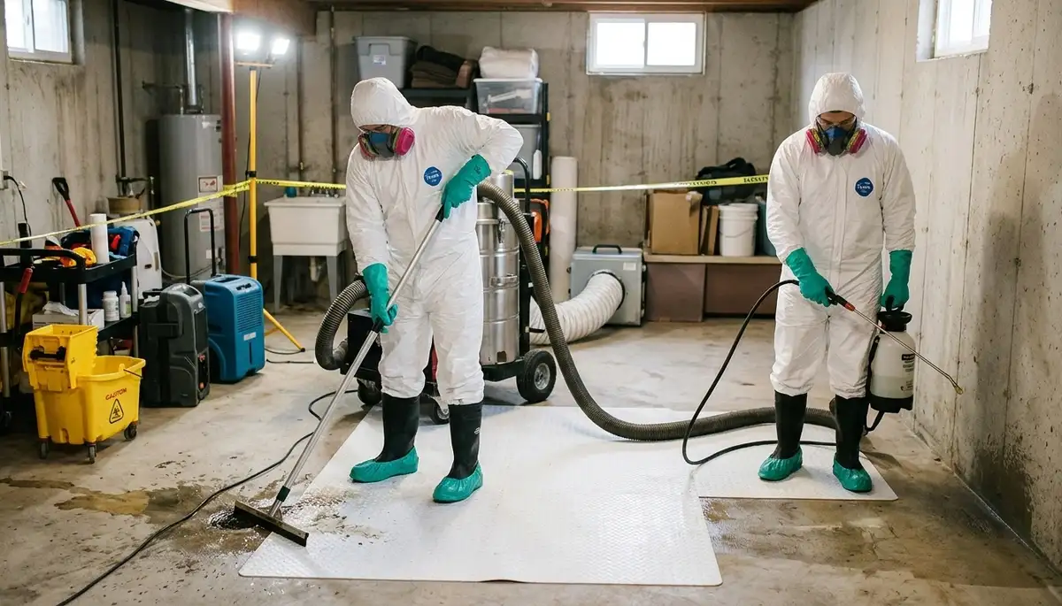 Sewer backup cleanup crew restoring a Hartford, CT home after water damage and contamination