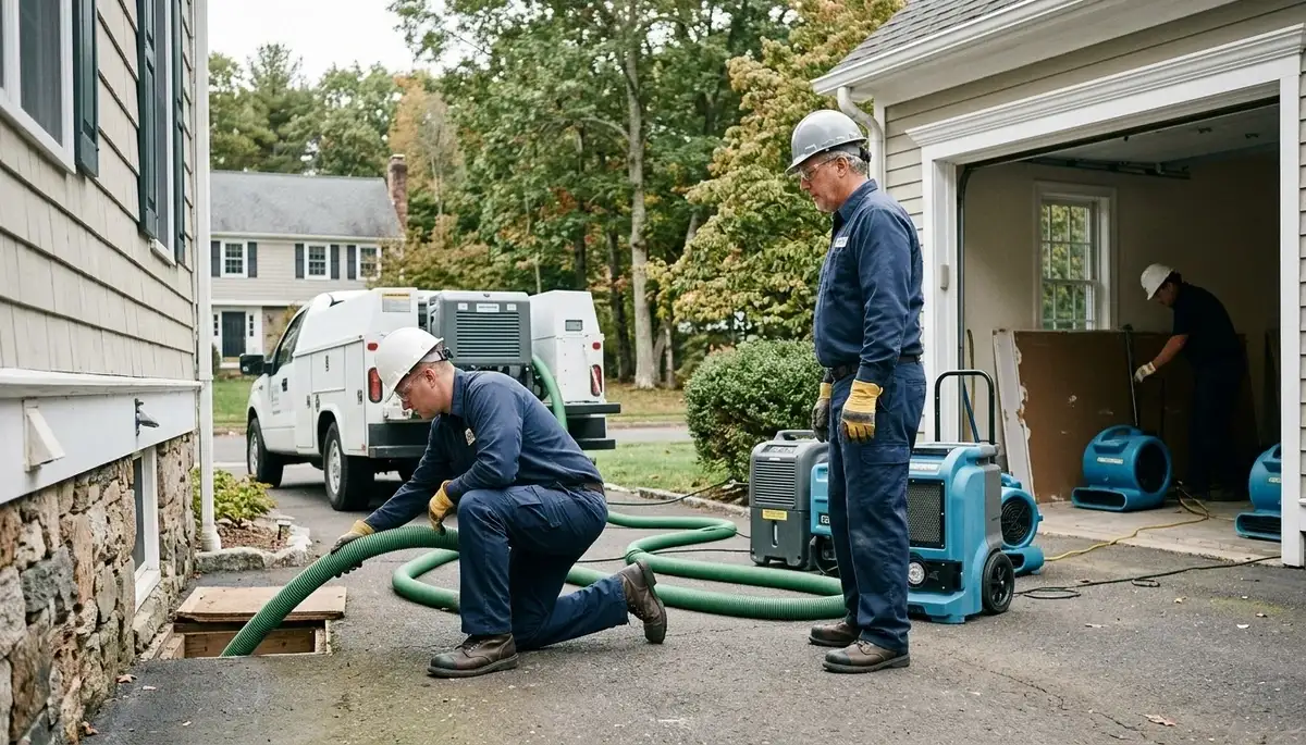 Hartford, CT water damage restoration team inspecting flood damage in a home