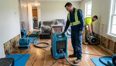 Hartford, CT water damage restoration crew extracting floodwater from a damaged home interior